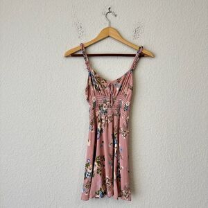 REFORMATION Elyse Floral Mini Dress Smocked Waist in Blush Pink